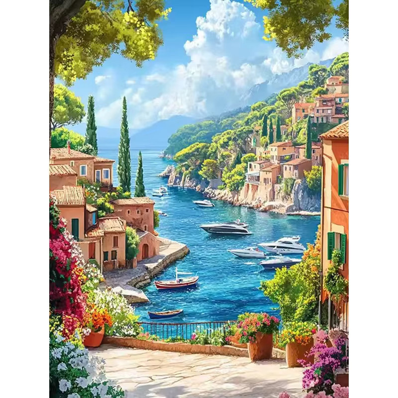 HUACAN Diamant-Malerei-Set Mittelmeer Landschaft, buntes Diamant-Mosaik für die Tischdekoration, rund, B/H: 30 x 20 cm - Bild 3