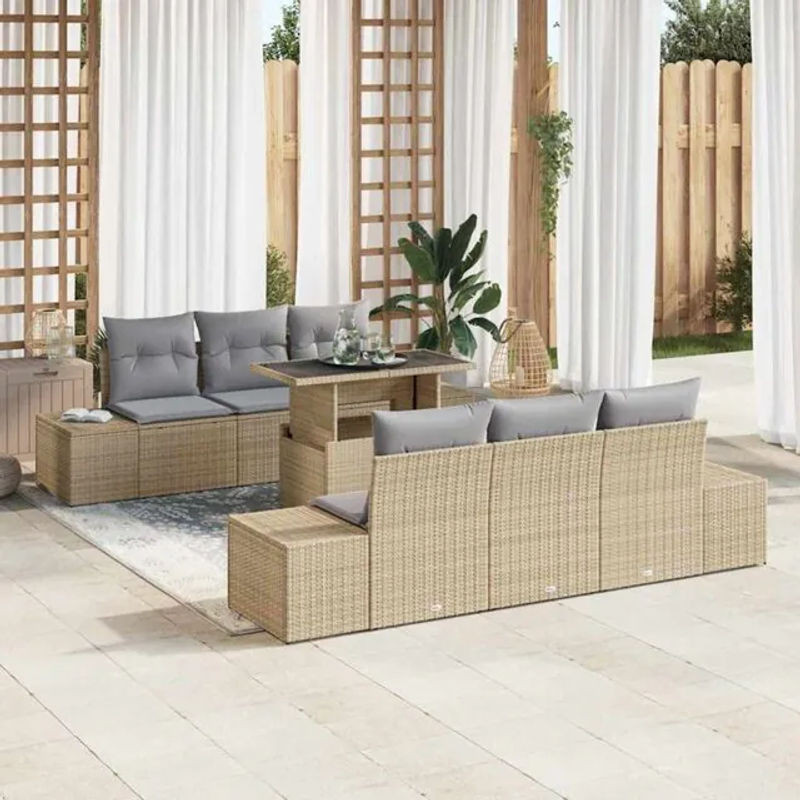 Vidaxl Polyrattan Garten-Sofa-Set aus 7 Teilen in Beige und Grau, Modernes Loungemöbel-Set, B/T/H: 100 x 55 x 73 cm - Bild 1