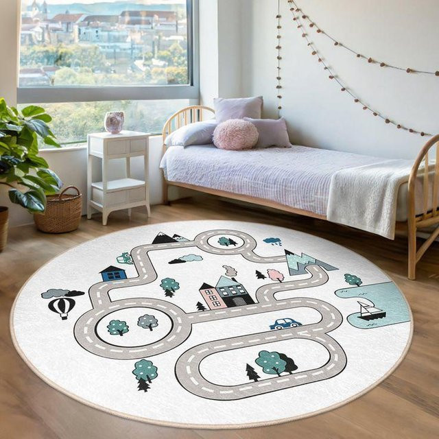Runder Kinderteppich von LjqOne mit Cartoon-Stadtkarte und Fahrzeugmotiven, rutschfest und waschbar, Durchmesser: 120 cm - Bild 1