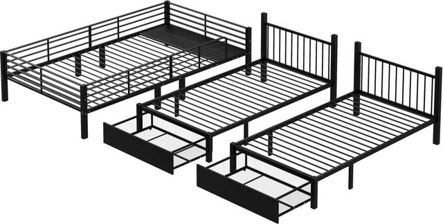 KOMHTOM Dreifaches Etagenbett aus Metall mit Schubladen, umwandelbar von einem Doppelbett und zwei Einzelbetten, Schwarz, B/T/H: 206 x 140 x 200 cm (Doppelbett) und 206 x 90 x 200 cm (Einzelbetten) - Bild 1