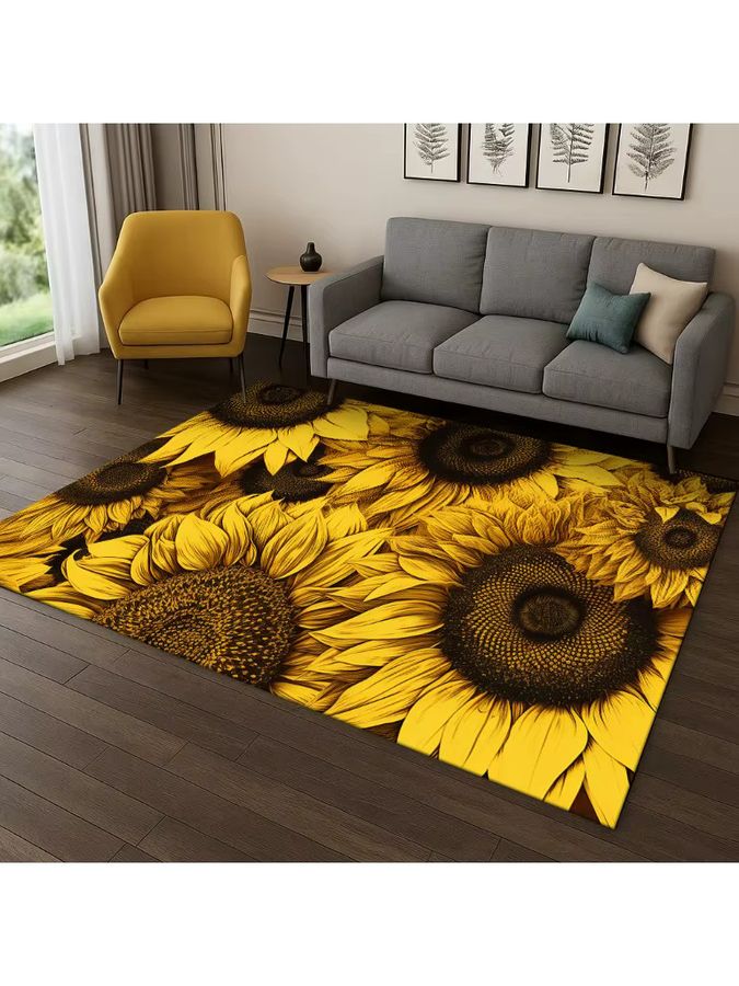 Faviora Rutschfester Teppich mit Gänseblümchen- und Sonnenblumen-Blumenmuster in Gelb für Wohnzimmer, Schlafzimmer und Küche - Bild 2