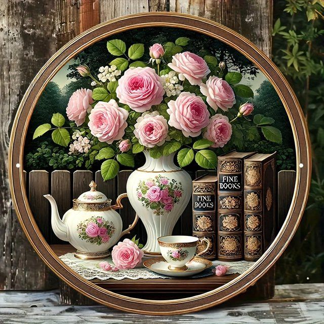 Rundes Aluminiumschild Potdemiel Vintage Rosenblüten Teeset und Bücher Dekorationsplakette Durchmesser: 20,32 cm - Bild 1
