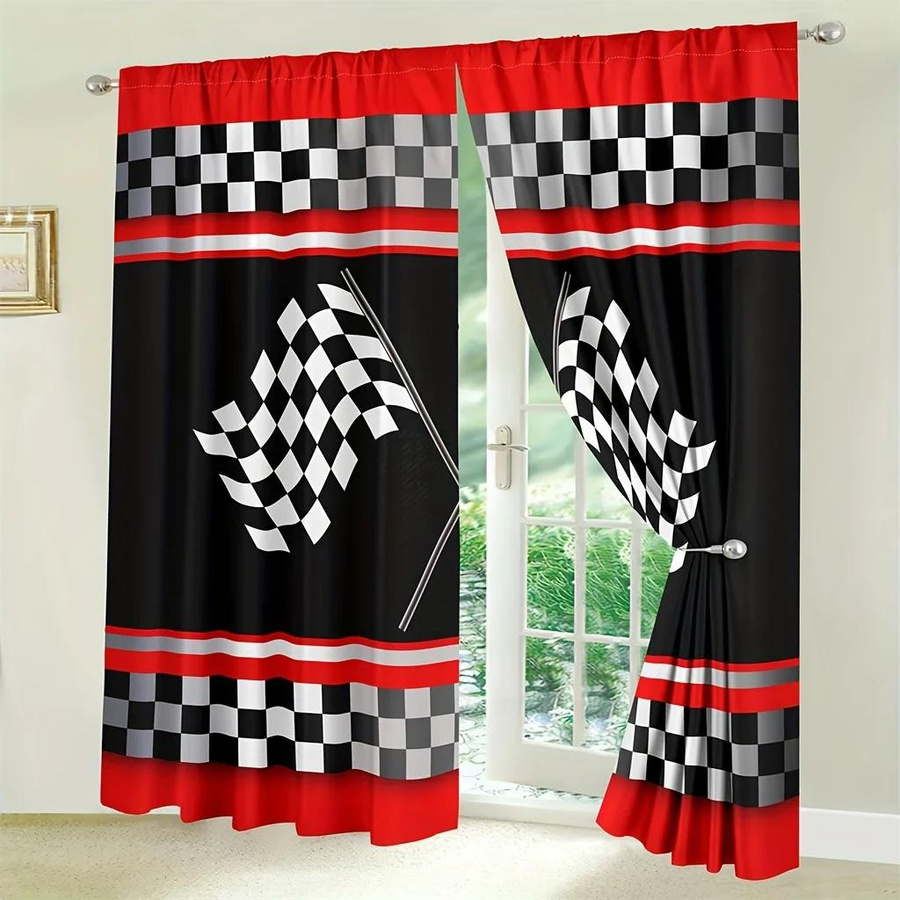 Set aus 2 Rennwagen-Flaggen-Vorhängen von Tonnika Chen, schwarz-weiß kariert, Polyester, B: 100 cm, H: 70 cm - Bild 3
