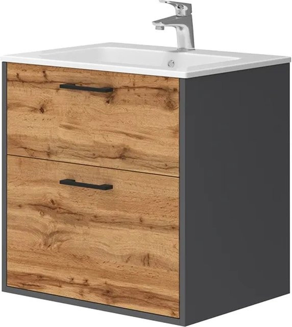 Vicco Badmöbel-Set Lanco in Anthrazit und Goldkraft Eiche mit Waschbecken und Spiegelschrank B/H: 61,5 x 62 cm - Bild 1