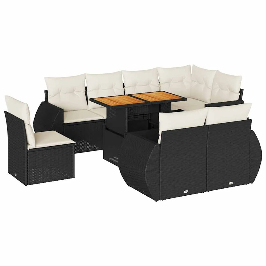 vidaXL 9-teilige Garten-Sofagarnitur aus Poly-Rattan und Akazienholz in Schwarz-Creme mit Kissen - Bild 2