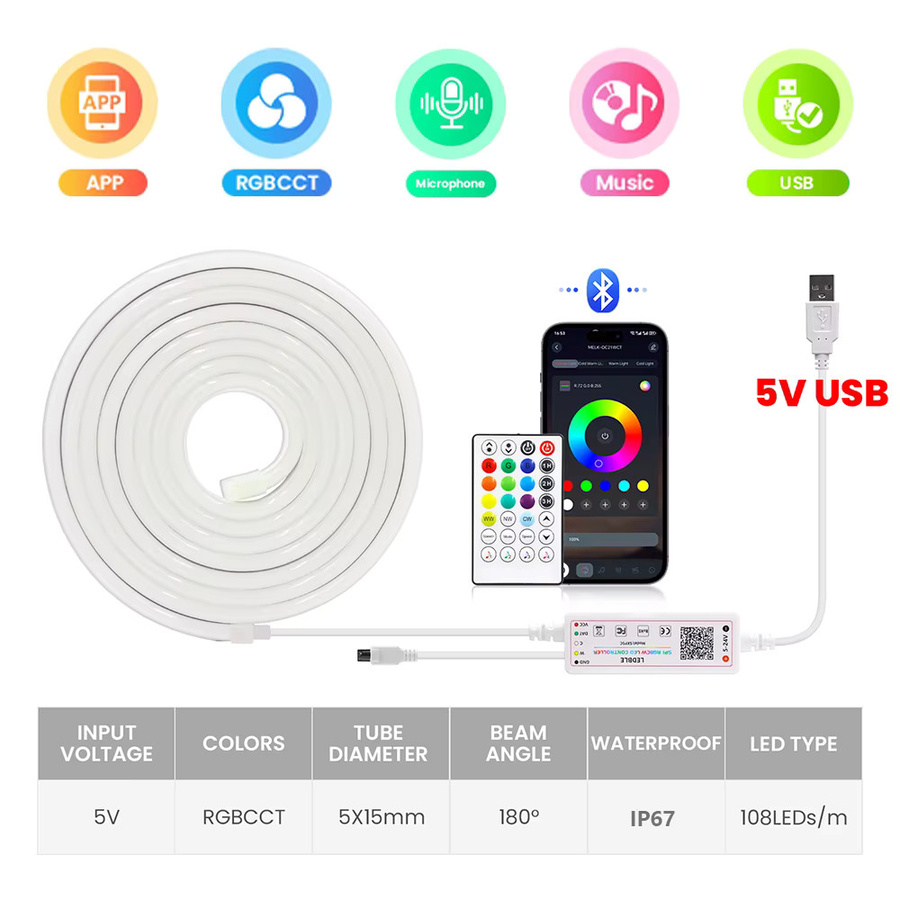 KISUFU RGBCCT Neon-LED-Streifenlicht mit Bluetooth und 28-Tasten-Fernbedienung, Wasserdichtes RGBWW Neon Flex Band mit 108 LED/m, 5V USB-Anschluss, Multicolour - Bild 3