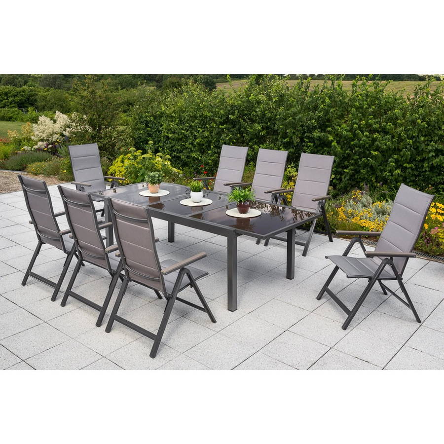 Merxx Gartenmöbelset Trivero 9-teilig in Braun mit ausziehbarem Tisch und 8 Klappsesseln aus Aluminium und Textil - Bild 2