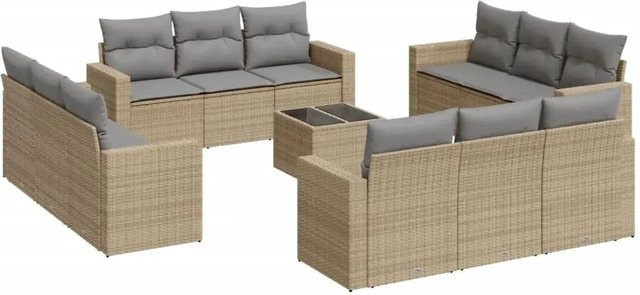 vidaXL 13-teilige Garten-Sofagarnitur aus Poly-Rattan in Beige mit Kissen und Tisch - Bild 1