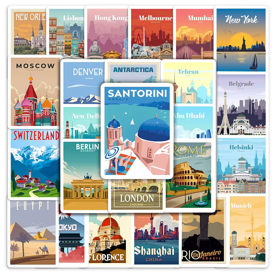World Travel Dekorative Stadtaufkleber mit Landschaften, wasserfeste DIY-Aufkleber für Tagebuch, Laptop und Gepäck, Multicolor - Bild 2
