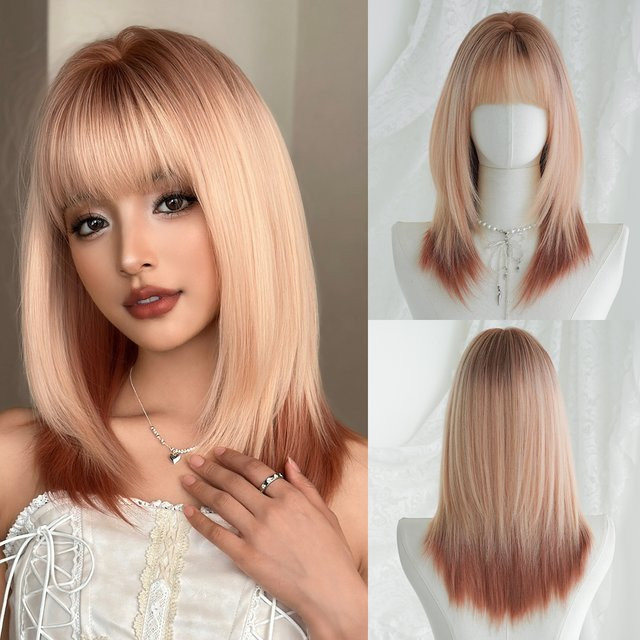 7JHH WIGS Perücke Damen, schulterlang, gerade, rosafarbene Ombre-Kupfer, synthetisch, geschichtet, dunkle Ansätze - Bild 1
