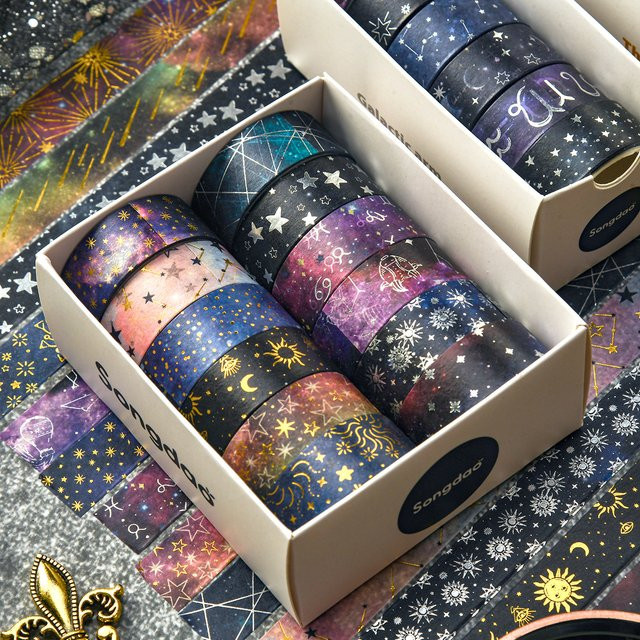 Washi-Klebeband Set mit Sternenhimmel-Bronzemuster und Sternbild-Design in Gold und Multicolour zur Dekoration von Geschenkverpackungen - Bild 1