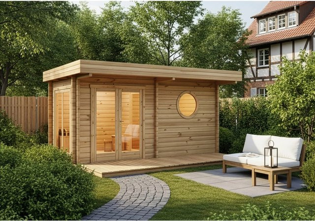 Finntherm Gartensauna Enns-70 aus Fichte in Naturbelassen, B/T: 508 x 354 cm - Bild 1