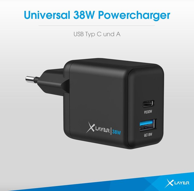 XLayer Universal 38W USB Powercharger mit USB-C und USB-A in Schwarz - Bild 1