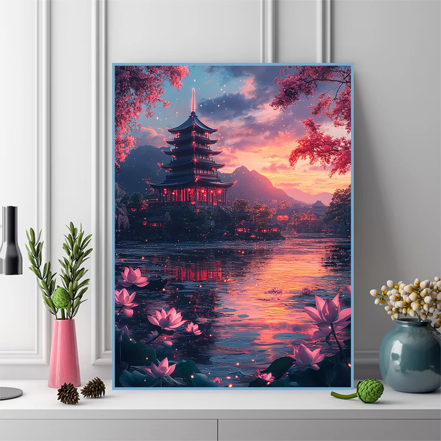 EverShine Diamant-Mosaik Stickerei Lotus Landschaft als Dekoration in Mehrfarbig, B/H: 30 x 20 cm - Bild 3