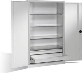 C+P Schwerlastschrank mit Drehtüren, 4 Böden und 3 Schubladen, Farbe Lichtgrau, H x B x T: 195 x 120 x 50 cm - Bild 1