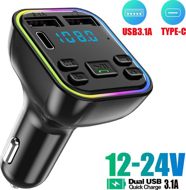 Kebidu Bluetooth 5.0 FM Transmitter mit PD Typ-C und Dual USB 3.1A Schnellladegerät, MP3 Modulator und Freisprecheinrichtung in Schwarz mit buntem Umgebungslicht - Bild 1