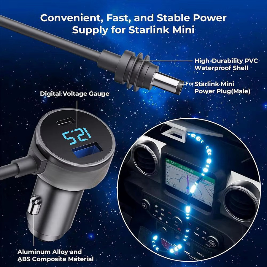 3in1 Mini-Autoladegerät-Adapter für Starlink mit 3 Ports, DC 5521 und USB-C QC 3.0 PD-Schnellladefunktion, Grau, 3/5 m DC-Kabel mit 16 AWG - Bild 3