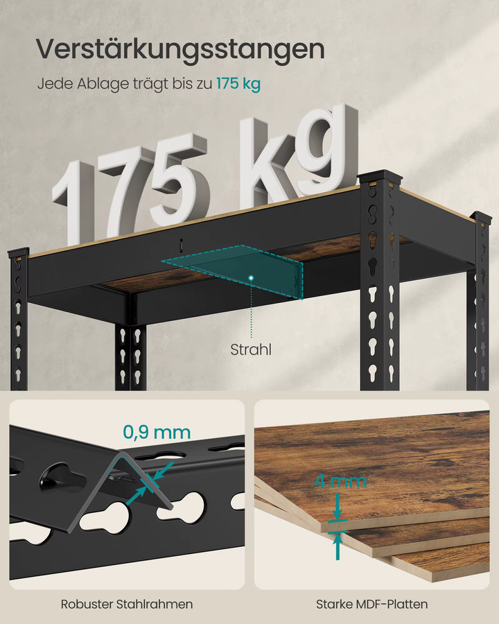 SONGMICS Schwerlastregal mit 5 verstellbaren Ablagen in Braun, B/T/H: 30 x 75 x 150 cm - Bild 4