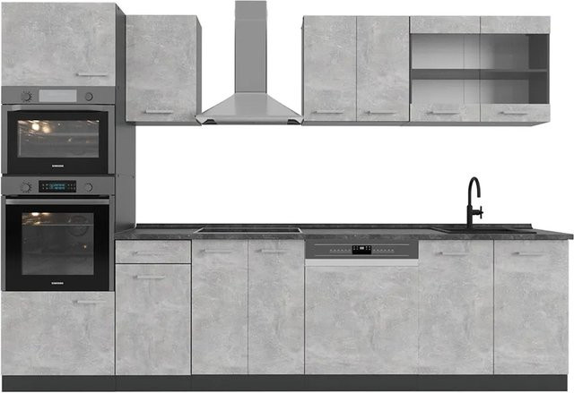 Vicco R-Line Küchenzeile in Beton-Optik und Anthrazit mit Hochschrank, Breite: 300 cm, Höhe: 207 cm, Tiefe: 60 cm - Bild 1
