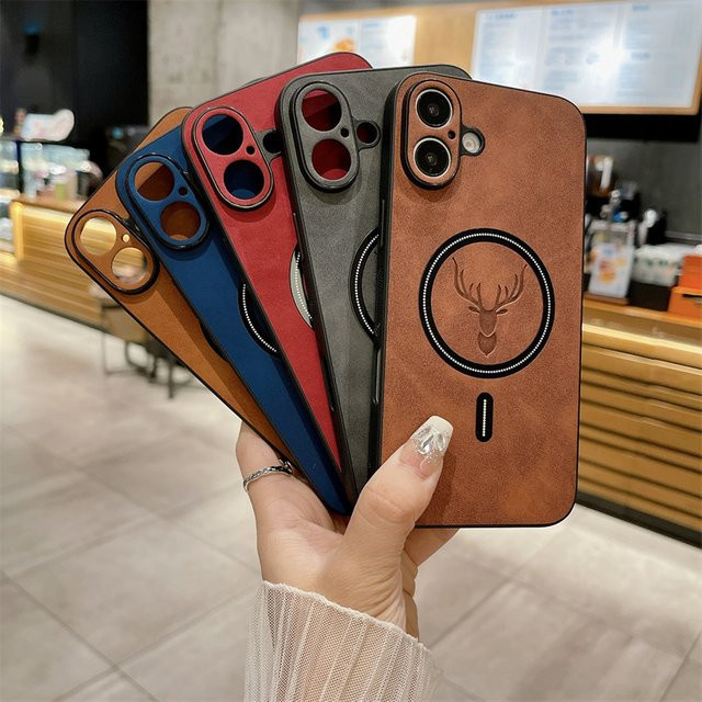 MUQGEW Elch-Handyhülle aus Leder mit Magnetfunktion für iPhone 11 bis iPhone 17 Pro Max, Farbe: Rot, stoßfeste Schutzhülle - Bild 1