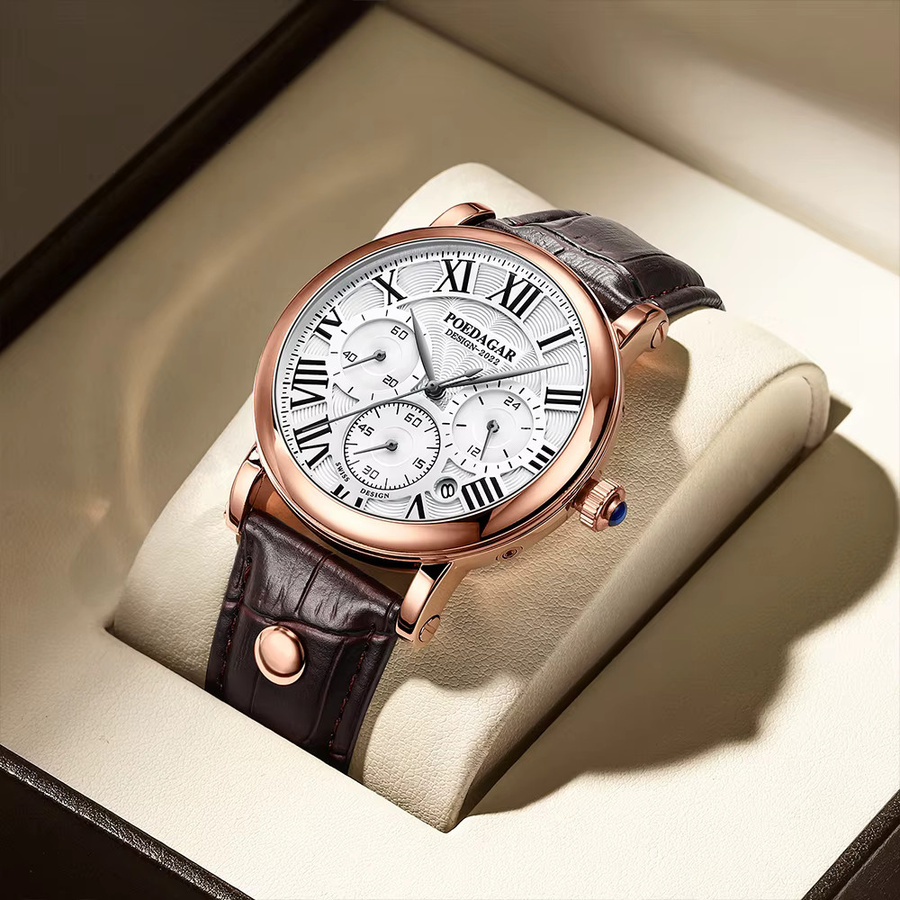 POEDAGAR Armbanduhr Chronograph, Quarz, Leder, Herren, Roségold, Silber - Bild 6