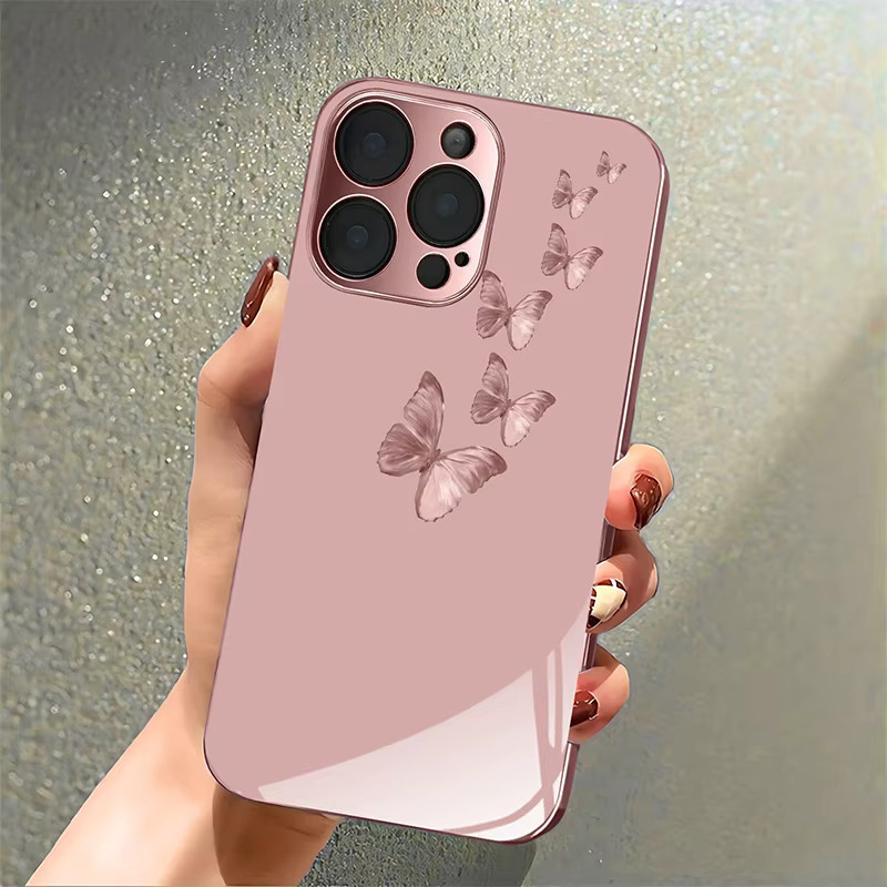 Rosa Handyhülle mit Schmetterlingsmuster aus gehärtetem Glas für Apple iPhone 11 bis iPhone 18 Pro Max Plus und 17 Air 16E - Bild 2