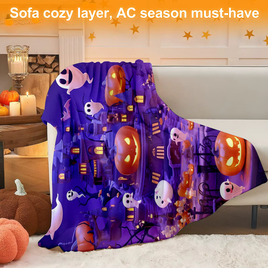 SRH Halloween Decke mit Jack-O'-Lanterns und Hexenabdrücken in Lila, weich für Sofa oder Reisen - Bild 3