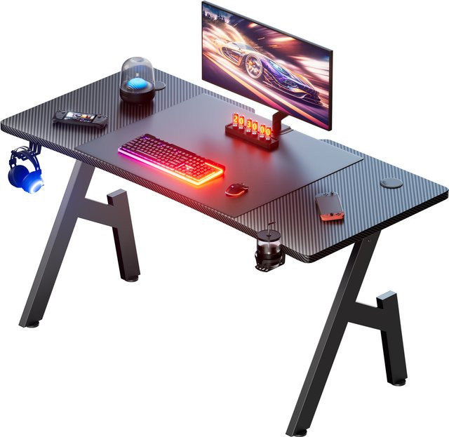 FRODROVIA Gaming-Schreibtisch in Schwarz mit Carbon-Faser-Optik, moderner A-förmiger Bürotisch mit Getränkehalter und Kopfhörerablage - Bild 1