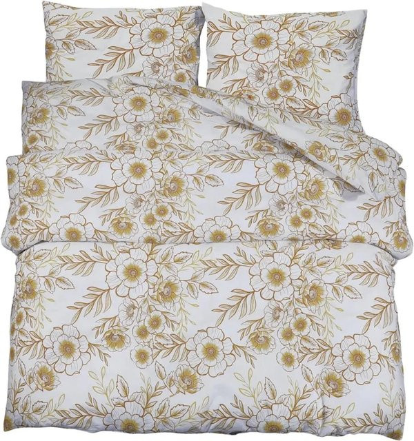 vidaXL Bettwäsche-Set aus Baumwolle mit floralem Design in Weiß und Braun, B/H: 220 x 240 cm - Bild 1