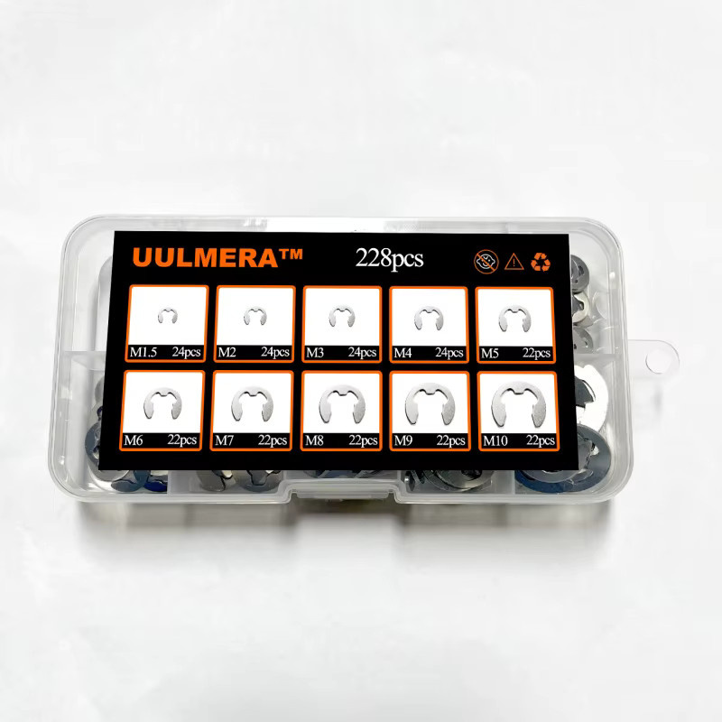 UULMERA 228-teiliges E-Ring Sortiment aus 304 Edelstahl in Silber, 10 Größen M1.5-M10, C-Clip Schnapp-Sicherungsringe für Außenliegende Verriegelung - Bild 2