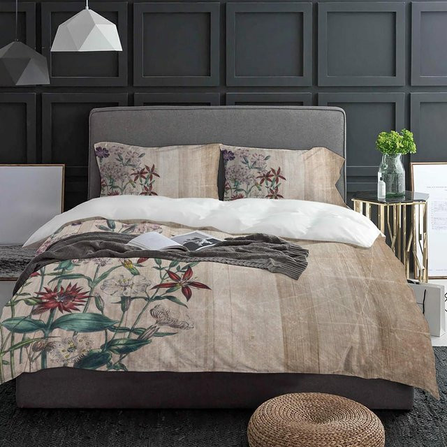 Binchi Fitness 3-teiliges Bettwäscheset mit Blumenmuster und Holzmaserung in Beige, Material Mikrofaser Polyester, B/H: 245 x 210 cm - Bild 1