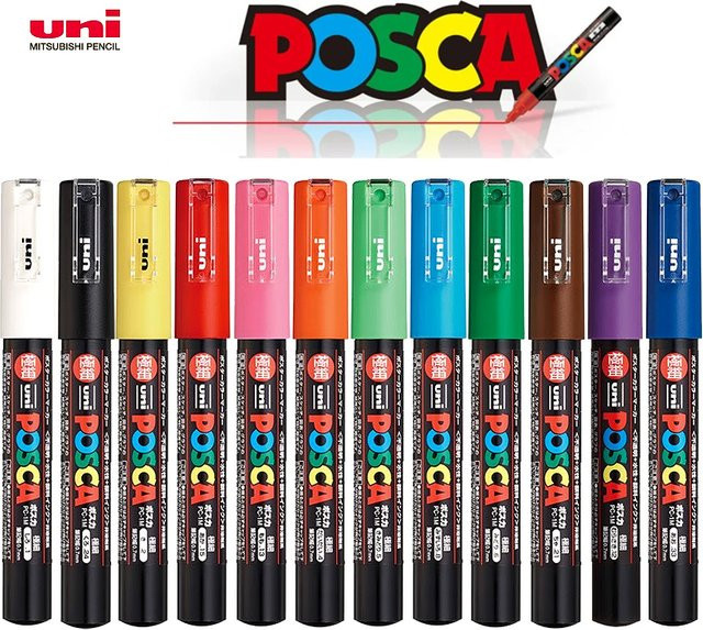 UNI POSCA Acrylmarker Set mit 12 Farben für Kunst, Malerei und DIY-Projekte auf Stoff und verschiedenen Oberflächen - Bild 1