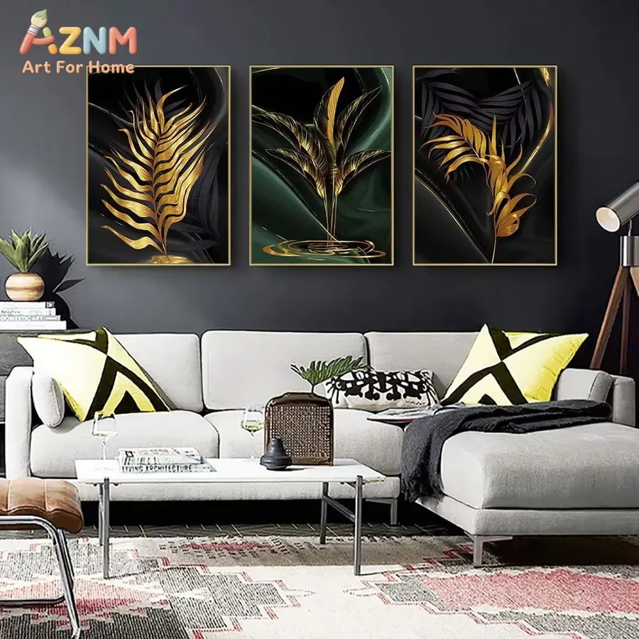 AZNM Leinwandgemälde mit Pflanzenblättern im nordischen Stil, abstrakte Wandkunst in Gold für deine Wohnzimmerdekoration - Bild 3