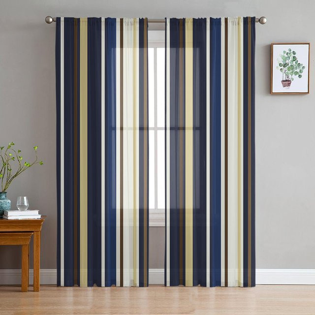 Transparenter Chiffon-Vorhang mit blauem geometrischem Streifenmuster und Ösen, Breite: 100 cm, Höhe: 250 cm - Bild 1