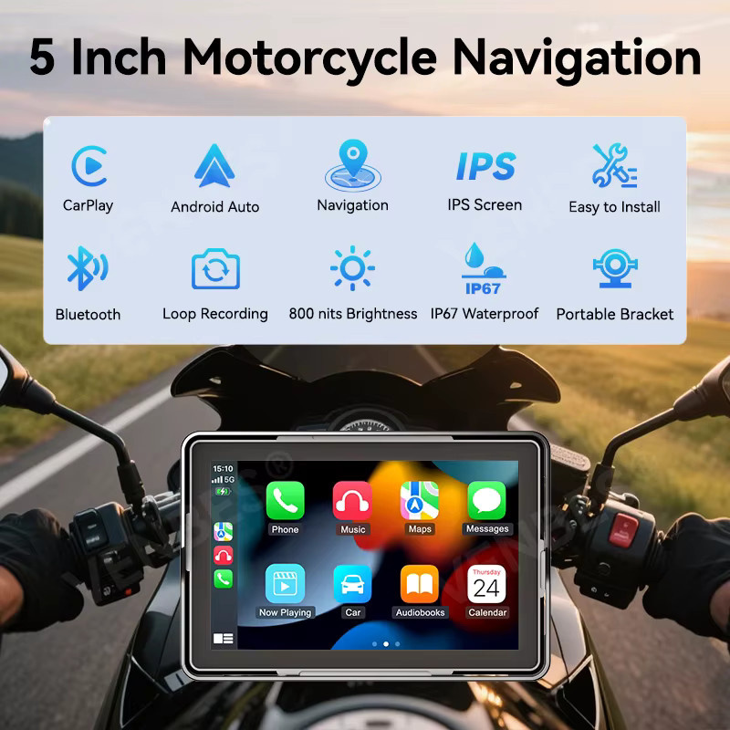 VENBES Tragbares Motorrad-Navigationssystem mit 5 Zoll Display, CarPlay und Android Auto, Wasserdicht IP67, GPS und Bluetooth 5.0, Schwarz - Bild 2