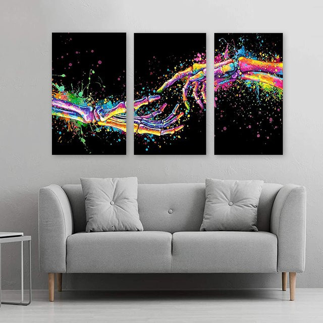 3-teiliges Gothic-Schädel-Leinwand-Wandkunst-Set von WJWANG in Bunt mit Graffiti-Skelett-Motiv für deine moderne Wanddekoration - Bild 1