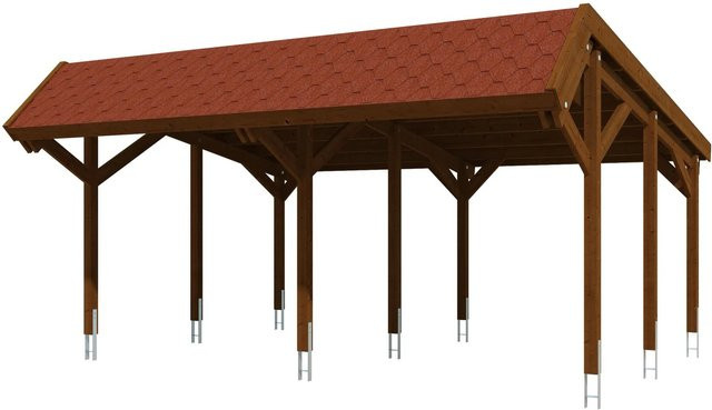 Skan Holz Carport Harz aus Nadelholz in Nussbaum mit roten Dachschindeln B: 624 cm, T: 560 cm - Bild 1