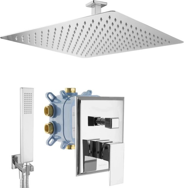 PaulGurkes Regendusche Duscharmatur Unterputz in Chrom, Eckiges Design mit Kopfbrause aus Messing - Bild 1