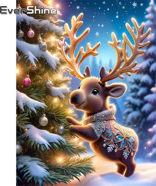 Evershine Diamantmalerei DIY Set Hirsch im Winter mit runden Steinen, Multicolour, Breite: 30,0 cm, Höhe: 20,0 cm, Tiefe: 20,0 cm - Bild 1
