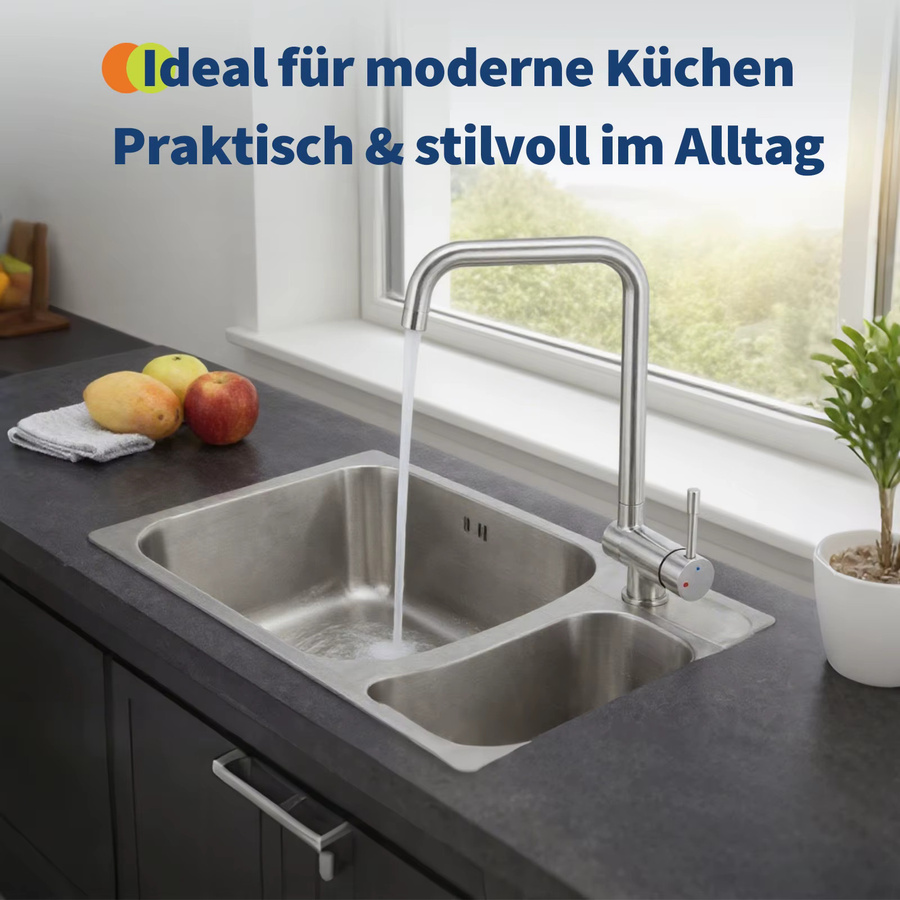 HiMISS Küchenarmatur aus Edelstahl SUS304 in Silber, 360 Grad schwenkbarer Auslauf, gebürsteter Edelstahl, Höhe: 35,0 cm, Breite: 25,0 cm, Tiefe: 19,8 cm - Bild 3