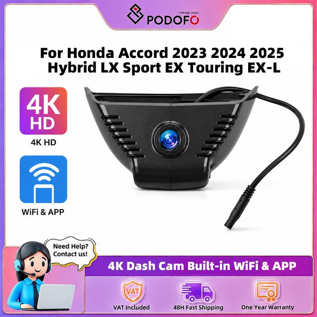 Podofo 4K Dashcam mit WLAN und App, UHD 2160P Videokamera mit G-Sensor und Schleifenaufzeichnung, Schwarz, passend für Honda Accord 2023 2024 2025 Hybrid LX Sport EX Touring EX-L - Bild 1