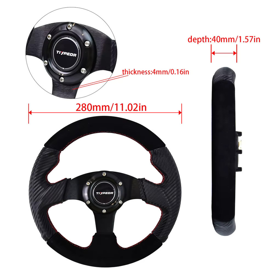 TIYPEOR Drift-Lenkrad aus Wildleder in Schwarz, 11 Zoll Sportlenkrad für Modifikationen mit 5mm Halterung - Bild 3