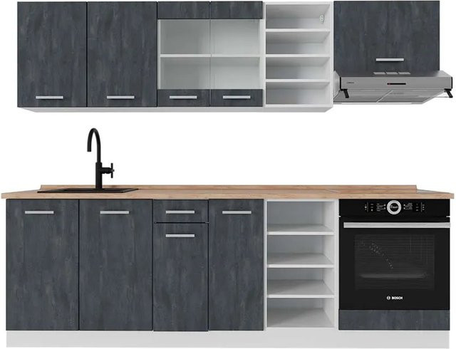 Vicco R-Line Küchenzeile in Schwarz Beton und Weiß mit Arbeitsplatte in Eiche, Breite: 240 cm - Bild 1