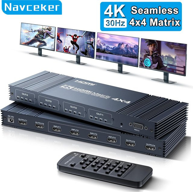 Navceker 4K HDMI Matrix Switch 4 in 4 out Seamless Splitter Audio Video Selector Box in Schwarz - Bild 1