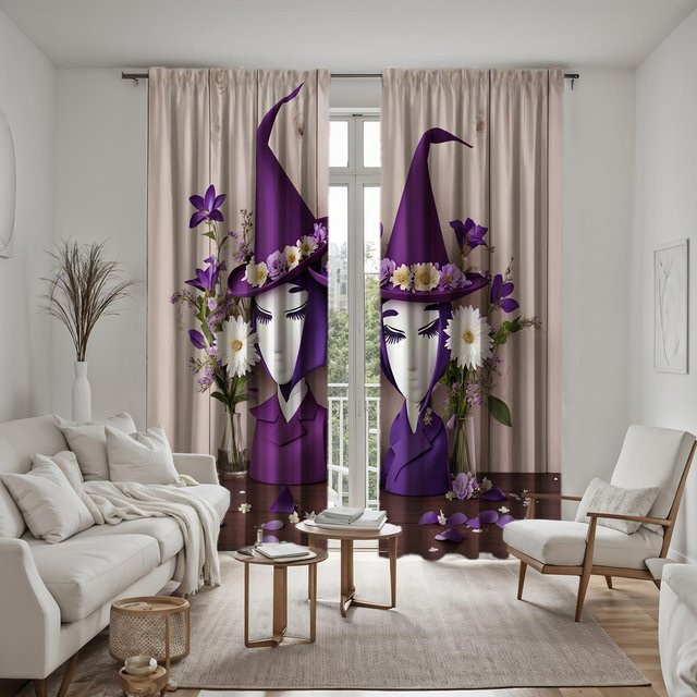 2er Set Halloween Vorhang mit Hexenhut und Blumen Motiv in Lila und Grau, B: 132 cm, H: 160 cm - Bild 1