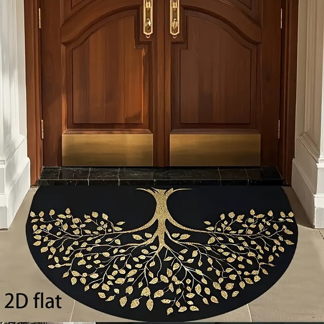 VIKAMA Halbrunde Fußmatte Goldener Lebensbaum, Rutschfeste und Waschbare Eingangsmatte in Schwarz, B: 60,0 cm, T: 40,0 cm - Bild 1
