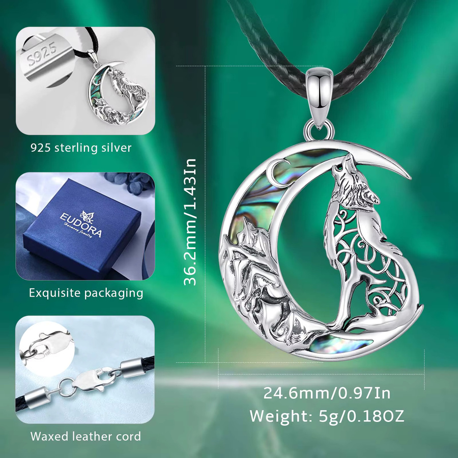 Eudora Halskette, 925 Silber, Abalone-Muschel, Wolf auf dem Mond, Unisex - Bild 2