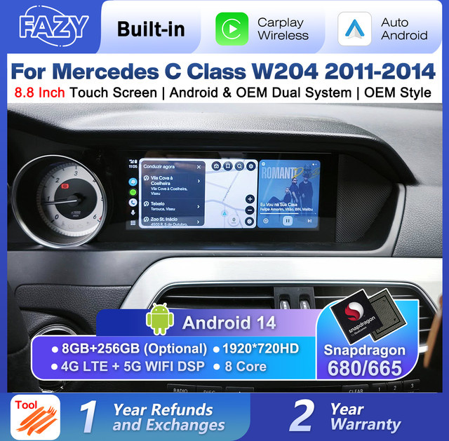 FAZY Android 14 Wireless Carplay Touchscreen mit GPS für Mercedes C-Klasse W204 S204 2011-2014, 8,8 Zoll, Schwarz - Bild 1