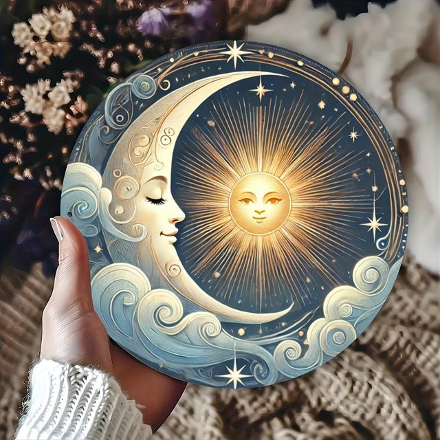Potdemiel Wandkunst Sonne und Mond aus Aluminium, runde Metall-Wandplatte mit Stern und Mond, Mehrfarbig, Durchmesser: 20,3 cm - Bild 1
