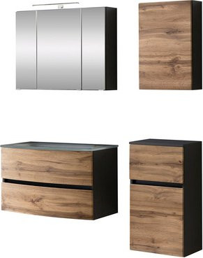 HELD MÖBEL Waschtisch-Set KOPENHAGEN, 6-teilig, modern, braun, Wandmontage mit LED-Beleuchtung und Shaver-Socket - Bild 1